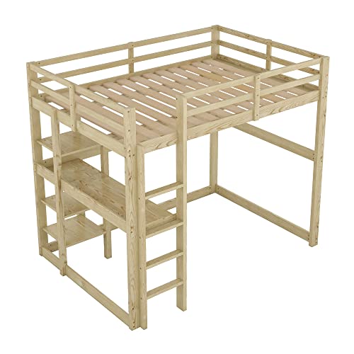 WEALTHKING Hochbett Bettgestell mit integriertem Schreibtisch und 4 Ablagefächern komplett aus massivem Kiefernholz,Liegefläche mit Stabiler Leiter und Geländer, modernes Möbelstück (Natur,140x200cm) von WEALTHKING