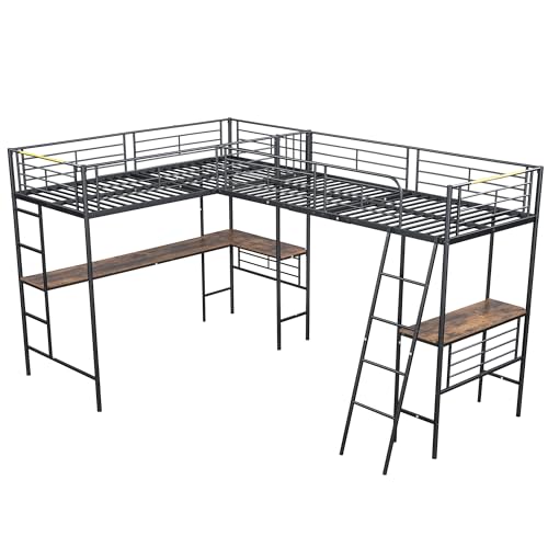 WEALTHKING Hochbett Metall L-Form mit integriertem Schreibtisch und Doppeltreppe, platzsparendes Etagenbett, hohes Geländer für Sicherheit, Robustes Eisen mit MDF-Platte (Schwarz,90x200cm) von WEALTHKING