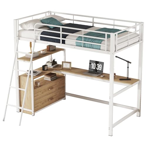 WEALTHKING Hochbett Metallrahmen mit stabilem L-förmigem Schreibtisch MDF Holzplatten integrierte Schubladen Stauraum Ablagefächer Arbeitsbereich platzsparendes Design Leiter Geländer (Weiß,90x200cm) WEALTHKING Hochbett Metallrahmen mit stabilem L-förmigem Schreibtisch MDF Holzplatten integrierte Schubladen Stauraum Ablagefächer Arbeitsbereich platzsparendes Design Leiter Geländer (Weiß,90x200cm) von WEALTHKING