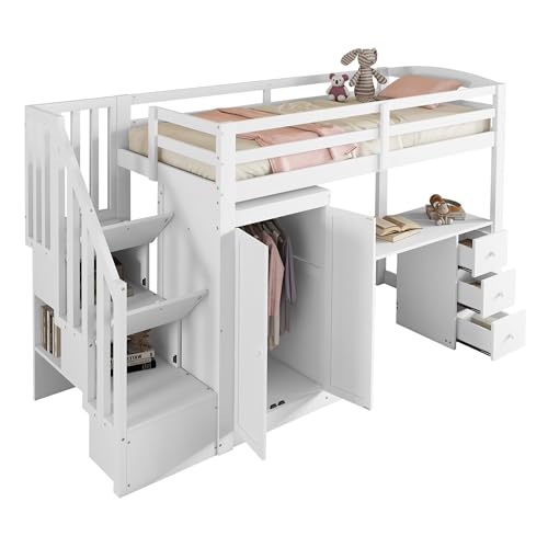 WEALTHKING Hochbett aus massivem Kiefernholz mit Lattenrost, Treppe, integriertem Schreibtisch, großem Kleiderschrank, 3 Schubladen, offener Ablage, sicherem Geländer, platzsparendes (Weiß,90x200cm) WEALTHKING Hochbett aus massivem Kiefernholz mit Lattenrost, Treppe, integriertem Schreibtisch, großem Kleiderschrank, 3 Schubladen, offener Ablage, sicherem Geländer, platzsparendes (Weiß,90x200cm) von WEALTHKING