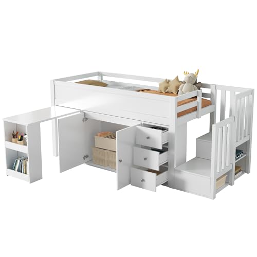 WEALTHKING Hochbett mit Ausziehbarem Schreibtisch und Seitlichem Ablagefach, Treppenschrank, Großer Kleiderschrank mit Doppeltür, DREI Schubladen, Geländer, Lattenrost Inklusive (weiß,90x200cm) von WEALTHKING