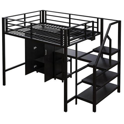 WEALTHKING Hochbett mit integriertem Schreibtisch Kleiderschrank Treppenregalen Stauraum Metallrahmen MDF Platten platzsparend funktional Stabiler Rahmen mit Sicherheitsgeländer (Schwarz,140x200cm) von WEALTHKING