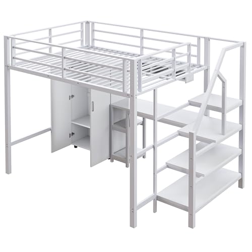 WEALTHKING Hochbett mit integriertem Schreibtisch Kleiderschrank Treppenregalen Stauraum Metallrahmen MDF Platten platzsparend funktional Stabiler Rahmen mit Sicherheitsgeländer (Weiß,140x200cm) von WEALTHKING
