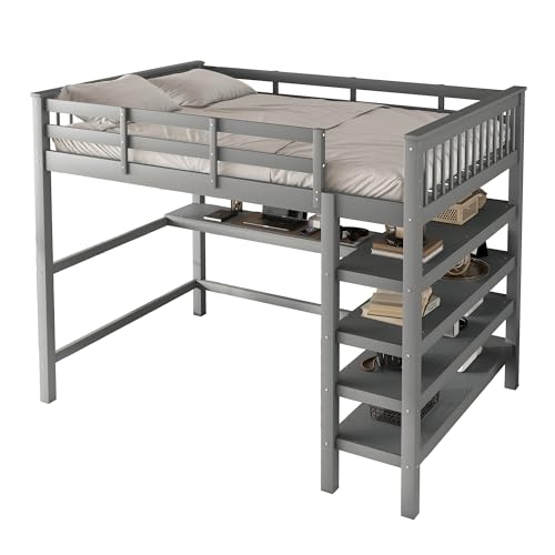 WEALTHKING Hochbett mit integriertem Schreibtisch und Ablagefächern, Massivholz Kiefer und MDF Konstruktion, platzsparendes Multifunktionsbett mit sicherem Geländer, Arbeitsfläche (Grau,140x200cm) von WEALTHKING