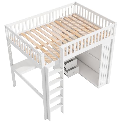 WEALTHKING Hochbett mit integriertem Schreibtisch und offener Kleiderschranklösung, 3 Schubladen, Treppe und Schutzgeländer, platzsparendes mit Stauraum, Kiefernholz MDF Konstruktion (Weiß,140x200cm) WEALTHKING Hochbett mit integriertem Schreibtisch und offener Kleiderschranklösung, 3 Schubladen, Treppe und Schutzgeländer, platzsparendes mit Stauraum, Kiefernholz MDF Konstruktion (Weiß,140x200cm) von WEALTHKING