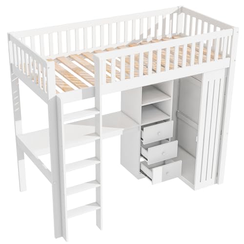 WEALTHKING Hochbett mit integriertem Schreibtisch und offener Kleiderschranklösung, 3 Schubladen, Treppe und Schutzgeländer, platzsparendes mit Stauraum, Kiefernholz MDF Konstruktion (Weiß,90x200cm) WEALTHKING Hochbett mit integriertem Schreibtisch und offener Kleiderschranklösung, 3 Schubladen, Treppe und Schutzgeländer, platzsparendes mit Stauraum, Kiefernholz MDF Konstruktion (Weiß,90x200cm) von WEALTHKING