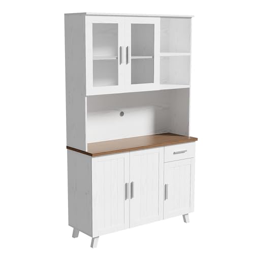 WEALTHKING Hochschrank mit Glastüren und Schublade für Esszimmer Wohnzimmer Wohnbereich Anrichte Vitrinenschrank Küchenmöbel Stauraumlösung Regalsegment Softclose Türsystem Metallgriff (Weiße+Braune) von WEALTHKING