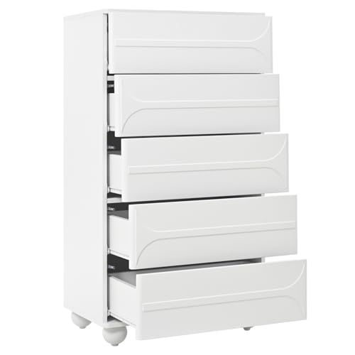 WEALTHKING Kommode mit 5 Schubladen in modernem Design mit geprägter Front, Schrank mit abgerundeten Ecken, Metallfüße, geräumigem Stauraum, Schubladenschrank für Wohnzimmer Schlafzimmer Büro Flur von WEALTHKING