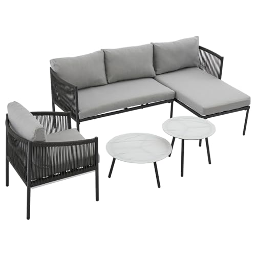 WEALTHKING L-Form Gartenmöbel Set Outdoor mit Ecksofa 181cm & Sessel 66cm mit Handgewebtem Seil-Design, 2 Couchtischen mit Glasplatte Marmoroptik, Hochbelastbarem Stahlrahmen, UV-beständigem Material von WEALTHKING