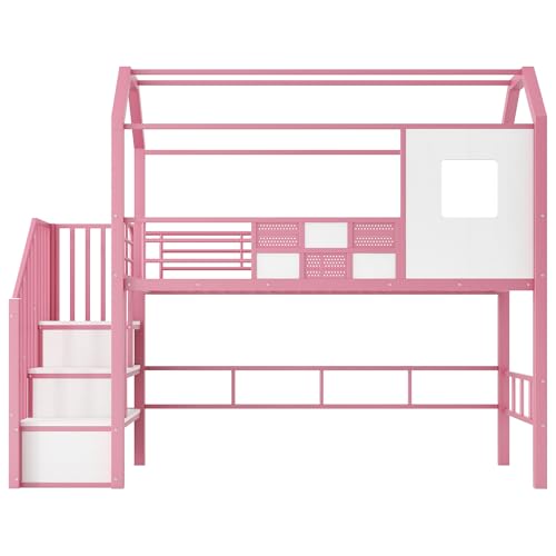 WEALTHKING Metall Hochbett mit Dachkonstruktion Treppe und integriertem Stauraum Spielbett mit Geländer Leiter sicherer Metallrahmen Zimmer platzsparend Lattenrost inklusive (Rosa,90x200cm) von WEALTHKING