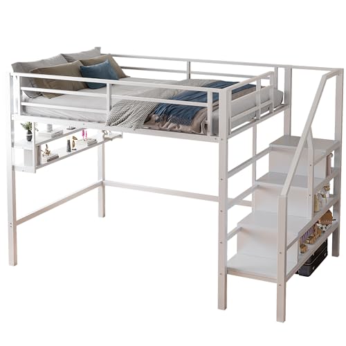 WEALTHKING Metall Hochbett mit Treppenregal und Stauraum, stabile Eisenkonstruktion mit MDF, integrierte Ablagefächer, Sicherheitsgeländer, multifunktionales Etagenbett ohne Matratze (Weiß,140x200cm) von WEALTHKING