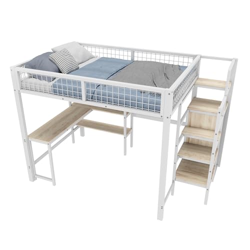 WEALTHKING Metall Hochbett mit integrierten Treppenregalen, stabilem Schreibtisch, Einbauschrank und Mehreren Ablageflächen, platzsparendes Multifunktions-Loft-Bett für Schlafzimmer (Weiß,140x200cm) WEALTHKING Metall Hochbett mit integrierten Treppenregalen, stabilem Schreibtisch, Einbauschrank und Mehreren Ablageflächen, platzsparendes Multifunktions-Loft-Bett für Schlafzimmer (Weiß,140x200cm) von WEALTHKING