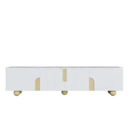 WEALTHKING Modern TV Sideboard mit 4 Türen und griffloser Front, Marmorstruktur Oberfläche, mit vertikalem Rillendesign, Kugelförmige Holzfüße, Wohnzimmer Lowboard mit Stauraum und Klapptüren (Weiß) von WEALTHKING