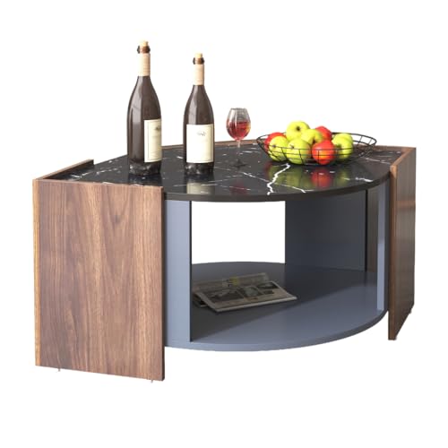 WEALTHKING Moderner Couchtisch mit strukturierter Marmoroptik Tischplatte und Walnuss-Dekor, Wohnzimmer Beistelltisch mit offener Ablagefläche, niedriger Kaffeetisch in stilvollem Kontrastdesign von WEALTHKING
