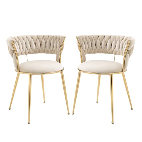Modernes Samt Esszimmerstühle mit gepolsterter Sitzfläche und ergonomischer Rückenlehne, goldfarbenen Metallbeinen, stilvollem Hohlraumdesign und hoher Tragkraft für Wohnzimmer (Elfenbein) von WEALTHKING