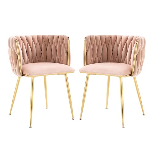 WEALTHKING Modernes Samt-Esszimmerstuhl mit goldfarbenen Metallbeinen und halbkreisförmigem Rückenlehnen-Design für Wohnzimmer Schlafzimmer Schminktisch Büro Restaurants ergonomisch gepolstert (Rosa) von WEALTHKING