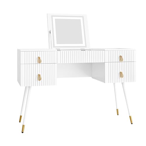 WEALTHKING Modernes Schminktisch Set mit Lichtspiegel und 4 Schubladen,goldverzierte Metallbeine, höhenverstellbarer Klappspiegel, multifunktionaler Frisiertisch für Schlafzimmer und Kosmetikbereich von WEALTHKING