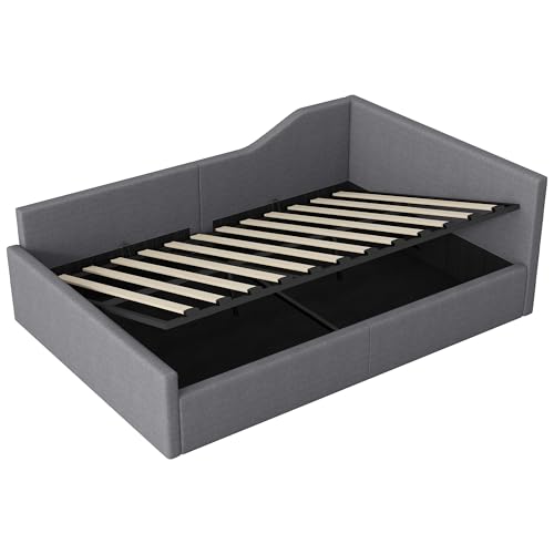 WEALTHKING Modernes gepolstertes Tagesbett mit Rückenlehne und Armlehne aus Leinenstoff, integrierter stabilem Holzrahmen und Lattenrost, großzügigem Stauraum unter der Liegefläche (140x200cm,Grau) von WEALTHKING