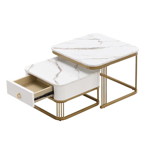 WEALTHKING Modernes zweiteiliges Couchtisch-Set mit Hochglanz-Marmoroptik, eleganter Schublade, luxuriösem Metallrahmen,mit glatten Führungsschienen und edlem Rundgriff (Weiß+Gold) von WEALTHKING