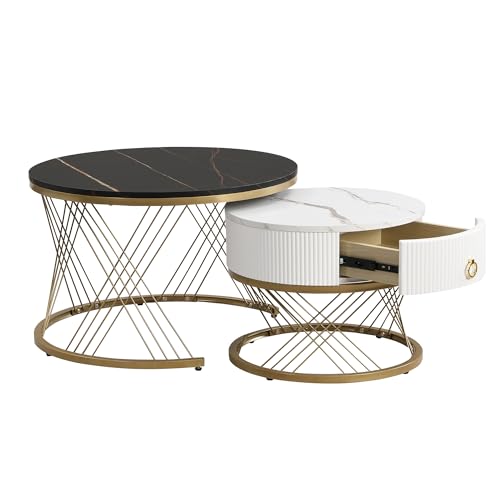 WEALTHKING Modulares Couchtisch-Set mit Marmoreffekt und Metallgestell – Flexibel kombinierbar & separat nutzbar – Integrierte Schublade mit geschnitzten Seiten und praktischem Stauraum (Schwarz) von WEALTHKING