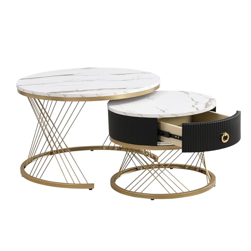 WEALTHKING Modulares Couchtisch-Set mit Marmoreffekt und Metallgestell – Flexibel kombinierbar & separat nutzbar – Integrierte Schublade mit geschnitzten Seiten und praktischem Stauraum (Weiß) von WEALTHKING