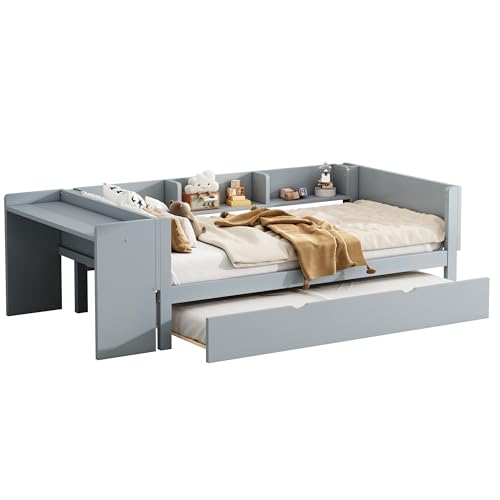 WEALTHKING Multifunktionales Holzbett mit ausziehbarem Gästebett, integriertem Schreibtisch, Regalfächern und stabilem Lattenrost, vielseitige Schlaf- und Arbeitslösung mit Rollbett (90x200cm,Grau) von WEALTHKING