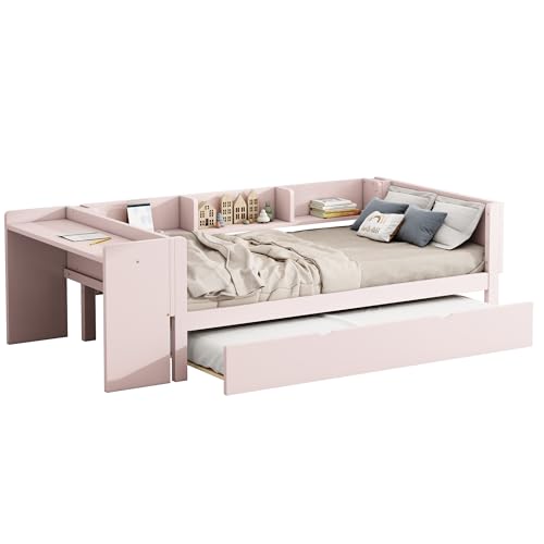WEALTHKING Multifunktionales Holzbett mit ausziehbarem Gästebett, integriertem Schreibtisch, Regalfächern und stabilem Lattenrost, vielseitige Schlaf- und Arbeitslösung mit Rollbett (Rosa,90x200cm) von WEALTHKING