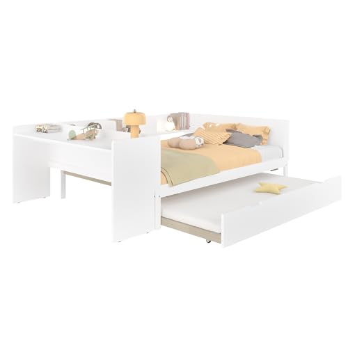WEALTHKING Multifunktionales Holzbett mit ausziehbarem Gästebett, integriertem Schreibtisch, Regalfächern und stabilem Lattenrost, vielseitige Schlaf- und Arbeitslösung mit Rollbett (Weiß,140x200cm) von WEALTHKING