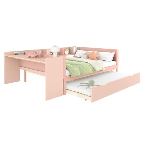 WEALTHKING Multifunktionales Holzbett mit ausziehbarem Gästebett, integriertem Schreibtisch, Regalfächern und stabilem Lattenrost, vielseitige Schlaf- und Arbeitslösung mit Rollbett (Rosa,140x200cm) von WEALTHKING