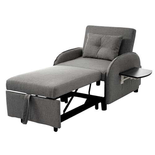 Multifunktionales Schlafsofa mit klappbaren Teetischen und dreifach Verstellbarer Rückenlehne – Liegestuhl, Gästebett mit stabilem Metallrahmen, Leinenstoff, weiches Kissen (Dunkelgrau) von WEALTHKING