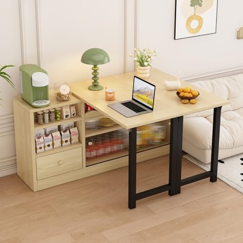 WEALTHKING Multifunktionales Sideboard mit ausziehbarem Esstisch, drehbarem Tisch mit mobiler Klappplatte, Raumteilerschrank mit Stauraum und Schublade, modernem Design mit Regalböden und Glastüren von WEALTHKING