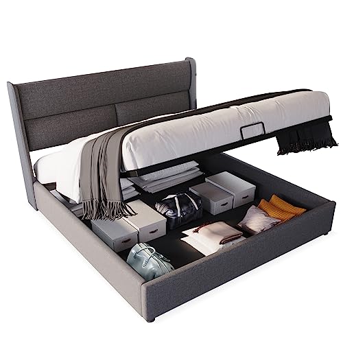 WEALTHKING Polsterbett Doppelbett mit Stauraum und Verstellbarer Kopfstütze, Leinenbettgestell mit Hebefunktion, Wingback-Kopfteil, Metallrahmen, Lattenrost, Rückenstütze (Mit Matratze,140x200cm) von WEALTHKING
