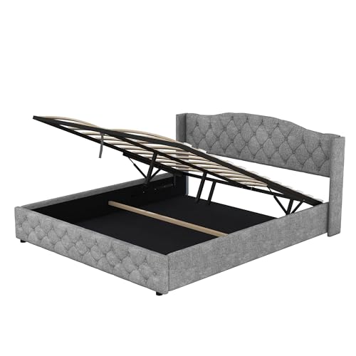 WEALTHKING Polsterbett mit Stauraum – Modernes Bettgestell mit hydraulischem Hebemechanismus, Kopfteil mit Steppung, stabilem Holz- und Stahlrahmen, gepolstertem Bezug aus Leinen (Grau,180x200cm) von WEALTHKING