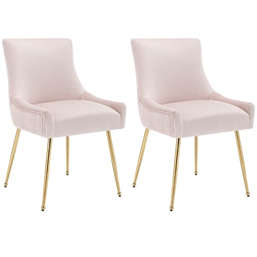 WEALTHKING Polsterstuhl Esszimmerstuhl mit ergonomischer Rückenlehne S-Federung weichem Samtbezug vertikalem Rillenmuster goldenen oder silbernen Metallbeinen und Griff, moderner Sessel (Rosa+Gold,2) von WEALTHKING