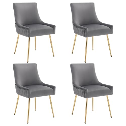 WEALTHKING Polsterstuhl Esszimmerstuhl mit ergonomischer Rückenlehne S-Federung weichem Samtbezug vertikalem Rillenmuster goldenen oder silbernen Metallbeinen und Griff, moderner Sessel (Grau+Gold,4) von WEALTHKING