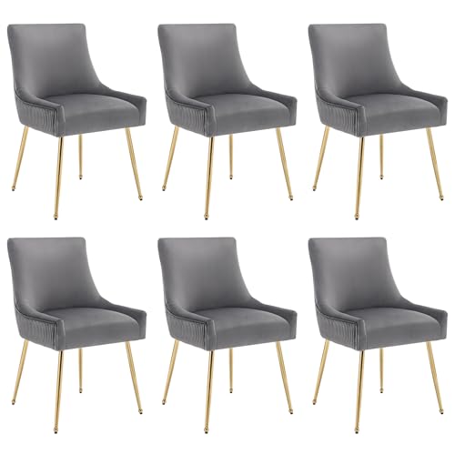 WEALTHKING Polsterstuhl Esszimmerstuhl mit ergonomischer Rückenlehne S-Federung weichem Samtbezug vertikalem Rillenmuster goldenen oder silbernen Metallbeinen und Griff, moderner Sessel (Grau+Gold,6) von WEALTHKING