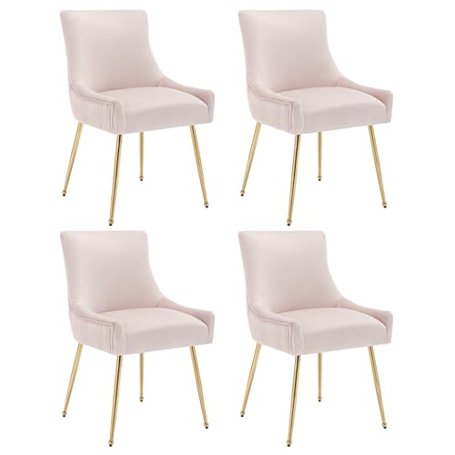 WEALTHKING Polsterstuhl Esszimmerstuhl mit ergonomischer Rückenlehne S-Federung weichem Samtbezug vertikalem Rillenmuster goldenen oder silbernen Metallbeinen und Griff, moderner Sessel (Rosa+Gold,4) von WEALTHKING