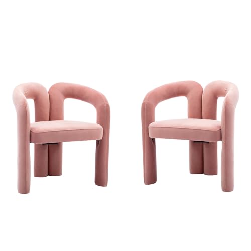 WEALTHKING Samt Esszimmerstühle 2er‑Set modernes Skulptur‑Design mit gebogener Rückenlehne ergonomischen Armlehnen hohl geformt vierbeiniger Rahmen hoher Komfort weicher Polstersitz (Rosa) von WEALTHKING