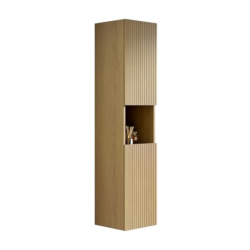 WEALTHKING Schmaler Badezimmer-Wandschrank Hängeschrank aus Mehrschicht-Sperrholz, gerillte Fronten, Zwei Türen, offenes Mittelregal, Soft-Close Scharniere, wandmontierte Stauraumlösung (Corolla) von WEALTHKING