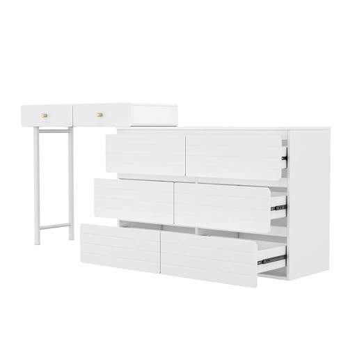 WEALTHKING Schminktisch mit sechs Schubladen und ausziehbaren Seitenschränken, weißer Aufbewahrungsschrank mit Schnitztextur, eleganter Frisiertisch aus MDF-Holz mit Metallgriffen (Weiß) von WEALTHKING