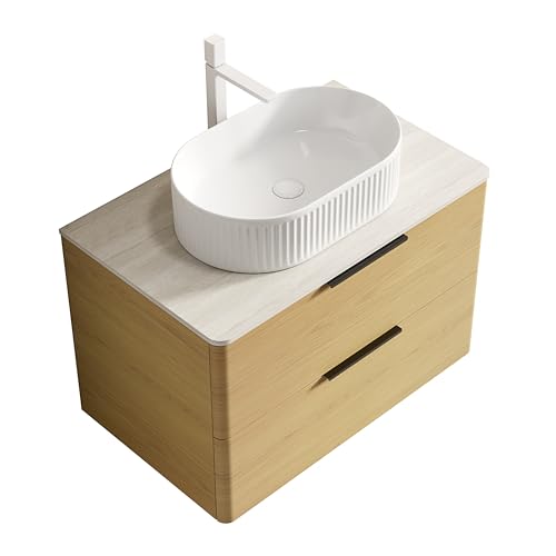 WEALTHKING Schwebender Badezimmer-Waschtisch, ovales Keramik-Aufsatzbecken, geriffelte Außenwand, römische Travertin-Sinterstein-Arbeitsplatte, Gebogene Kanten, Zwei Schubladen (Natur,75cm) von WEALTHKING