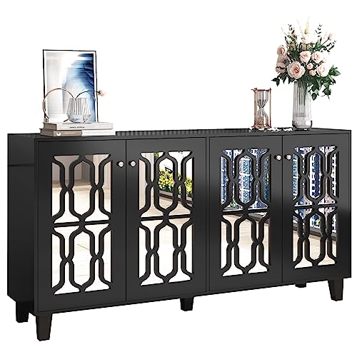 WEALTHKING Spiegelkommode Sideboard Vier‑Tür Anrichte mit geometrischer Glaseinlage Kristallgriff Front im modernen Luxus Stil, vielseitiger Stauraumschrank für Wohnzimmer Esszimmer Flur (Schwarz) von WEALTHKING