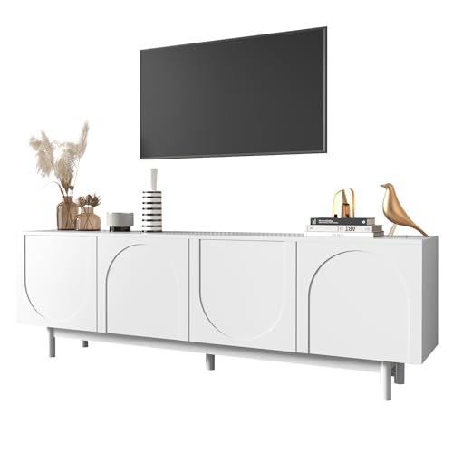 WEALTHKING TV-Schrank mit Push-to-Open Funktion und dekorativen Türfronten, Elegante Reliefstruktur, goldene Akzente, runde Standfüße, vielseitige Ablageflächen, Moderne Wohnraumlösung (Weiß) von WEALTHKING