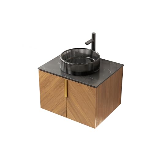WEALTHKING Wandhängender Badezimmer-Waschtisch, Sinterstein-Arbeitsplatte in Marmoroptik, Sperrholzschrank mit Eichenmaserung und diagonaler Front (Transparentes Schwarzes Rundes Glasbecken,61cm) von WEALTHKING
