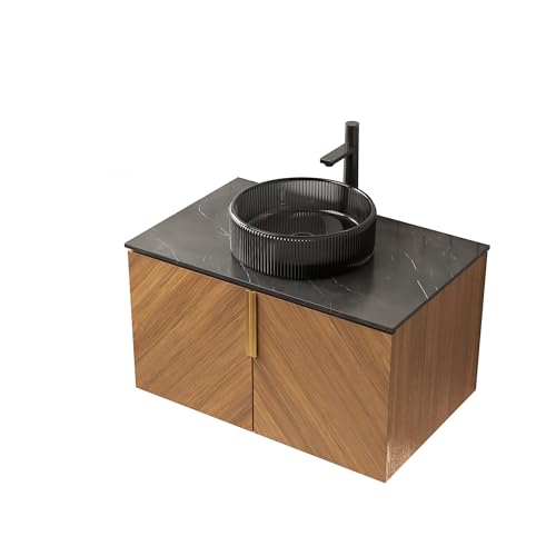 WEALTHKING Wandhängender Badezimmer-Waschtisch, Sinterstein-Arbeitsplatte in Marmoroptik, Sperrholzschrank mit Eichenmaserung und diagonaler Front (Transparentes Schwarzes Rundes Glasbecken,76cm) von WEALTHKING