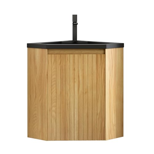 WEALTHKING Wandhängender Eck-Waschtisch Badezimmermöbel Set Harz-Integrationsbecken dreieckiger Mehrschicht-Sperrholzschrank Streifendekor Softclose-Tür vormontiert Feuchtraum (Natur,38cm) von WEALTHKING