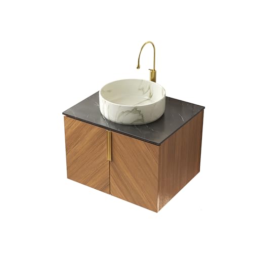 Wandhängender Badezimmer-Waschtisch, Sinterstein-Arbeitsplatte in Marmoroptik, Sperrholzschrank mit Eichenmaserung und diagonaler Front (Weißes rundes Keramikbecken mit Steinmuster,61cm) von WEALTHKING