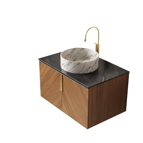 Wandhängender Badezimmer-Waschtisch, Sinterstein-Arbeitsplatte in Marmoroptik, Sperrholzschrank mit Eichenmaserung und diagonaler Front (Weißes rundes Keramikbecken mit Steinmuster,76cm) von WEALTHKING