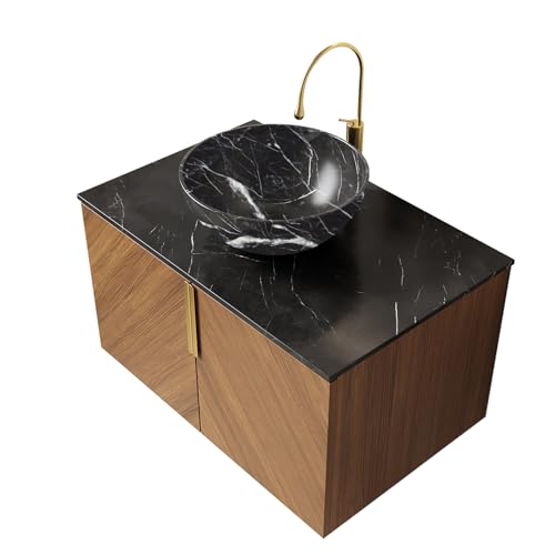 Wandhängender Badezimmer-Waschtisch, Sinterstein-Arbeitsplatte in Marmoroptik, Sperrholzschrank mit Eichenmaserung und diagonaler Front (schwarzer Schüssel Keramikbecken mit Steinmuster,76cm) von WEALTHKING