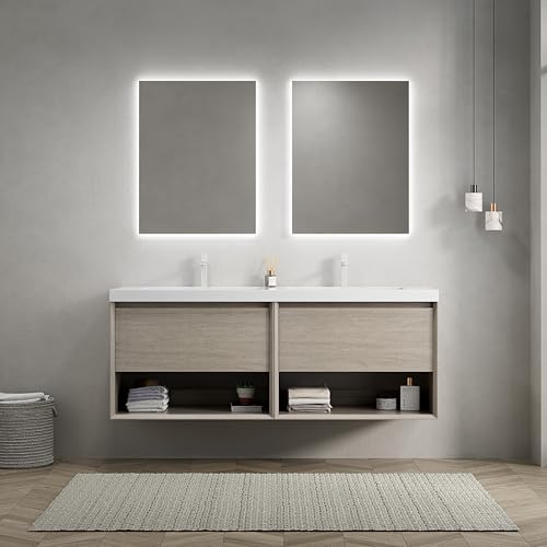 Wandmontierter Badezimmer-Waschtisch, rechteckiges Resin-Integralbecken, vormontierter Sperrholzschrank, Softclose-Schublade, offenes Regal, Mineralguss-Oberfläche (Lichte Eiche,140cm) von WEALTHKING